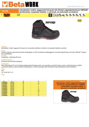 Beta 7294 HM Heavy Duty Mérsékelten vízálló, faggyúzott full-grain bőr félcipő nagyteljesítményű VIBRAM® járófelülettel, kopásálló betéttel a saroknál, és poliuretán orrvédő 45