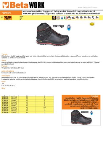 Beta 7294 HMC Heavy Duty Mérsékelten vízálló, faggyúzott full-grain bőr bokacipő nagyteljesítményű VIBRAM® járófelülettel, kopásálló betéttel a saroknál, és poliuretán orrvédővel 47