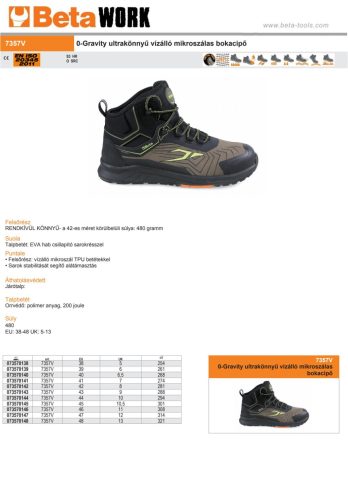 Beta 7357V Ultrakönnyű 0-Gravity bokacipő, vízálló mikroszálas szövettel 39