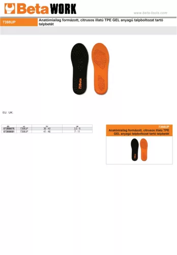 Beta 7398UP Anatómiailag formázott, citrusos illatú TPE GEL anyagú talpboltozat tartó talpbetét 41-46