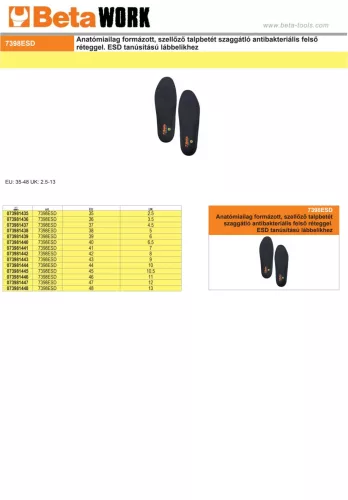 Beta 7398ESD Anatómiailag formázott, szellőző talpbetét szaggátló antibakteriális felső réteggel. ESD tanúsítású lábbelikhez 35