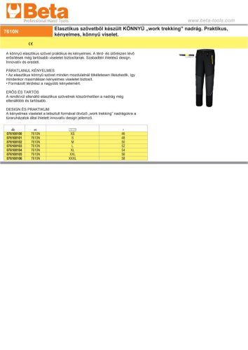 Beta 7610N Elasztikus szövetből készült KÖNNYŰ „work trekking” nadrág. Praktikus, kényelmes, könnyű viselet XXXL