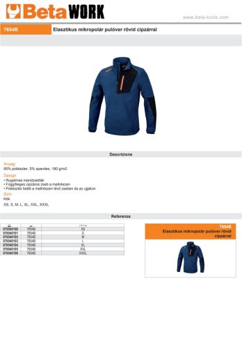 Beta 7654B Elasztikus mikropolár pulóver rövid cipzárral kék L