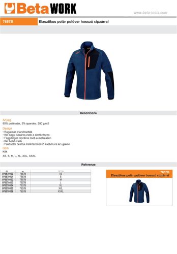 Beta 7657B Elasztikus mikropolár pulóver hosszú cipzárral kék XL