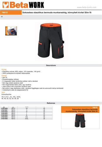 Beta 7661G Sokzsebes elasztikus bermuda munkanadrág, könnyített kivitel Slim fit fekete XS
