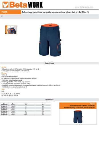 Beta 7661B Sokzsebes elasztikus bermuda munkanadrág, könnyített kivitel Slim fit kék XS