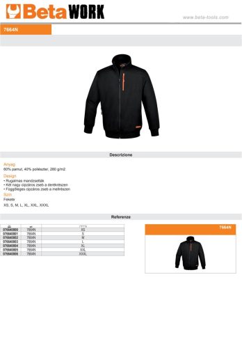 Beta 7664N Hosszú ujjú felső, hosszú cipzáras, fekete XS