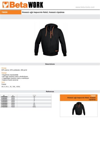 Beta 7665N Hosszú ujjú felső, hosszú cipzáras, fekete XS