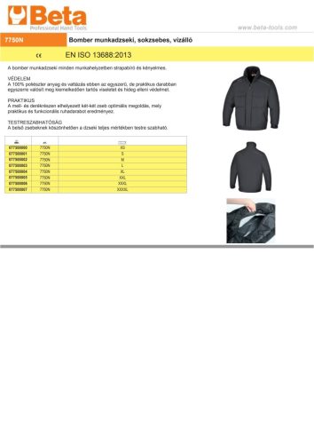 Beta 7750N Bomber munkadzseki, sokzsebes, 100% poliészter, 100% poliészter vattázás, 120 g/m2, fekete XS