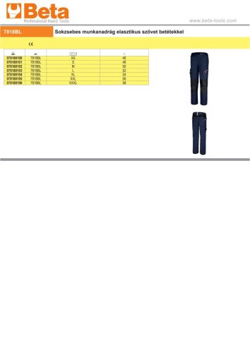 Beta 7818BL Sokzsebes munkanadrág elasztikus szövet betétekkel XXXL