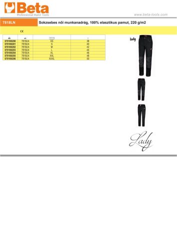 Beta 7818LN Sokzsebes női munkanadrág, 100% elasztikus pamut, 220 g/m2 XS