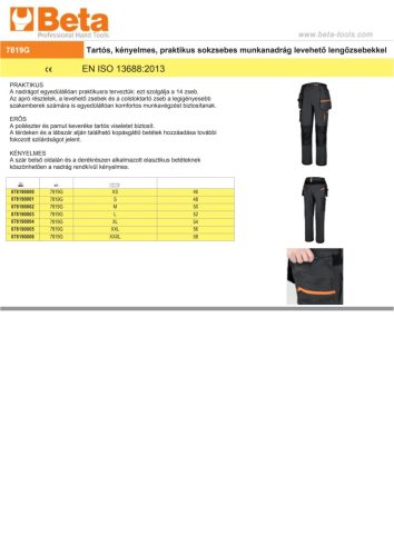 Beta 7819G Sokzsebes munkanadrág, levehető lengőzsebekkel XS