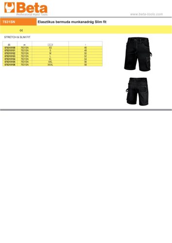 Beta 7831SN Elasztikus bermuda munkanadrág Slim fit XS