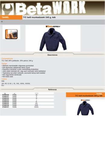 Beta 7849BL T/C twill munkadzseki 245 g, kék L