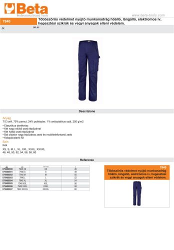 Beta 7940 Többszörös védelmet nyújtó munkanadrág hőálló, lángálló, elektromos ív, hegesztési szikrák és vegyi anyagok elleni védelem XS