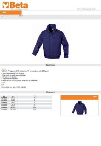 Beta 7949 Többszörös védelmet nyújtó munkadzseki hőálló, lángálló, elektromos ív, hegesztési szikrák és vegyi anyagok elleni védelem XS