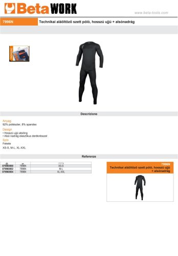 Beta 7996N Technikai aláöltöző szett: hosszú ujjú póló + alsónadrág, XS-S XS-S