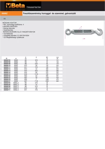 Beta 8006Z Feszítőszerelvény horoggal és szemmel, galvanizált M16