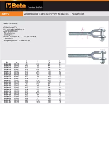 Beta 8009FD Jobbmenetes feszítő szerelvény kengyeles - horganyzott M22