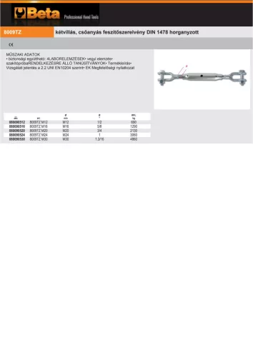 Beta 8009TZ Kétvillás, csőanyás feszítőszerelvény DIN 1478 horganyzott M27
