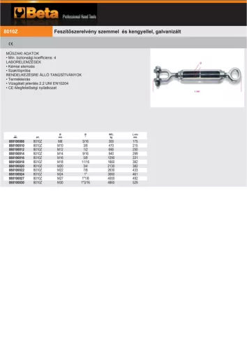 Beta 8010Z Feszítőszerelvény szemmel és kengyellel, galvanizált M18