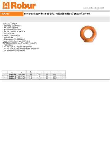 Beta 8043-K belső fülescsavar emeléshez, nagyszilárdságú ötvözött acélból M8
