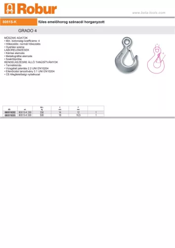 Beta 8051S-K füles emelőhorog szénacél horganyzott 250kg