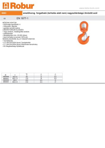 Beta 8063 emelőhorog  forgatható (terhelés alatt nem) nagyszilárdságú ötvözött acél 2000kg