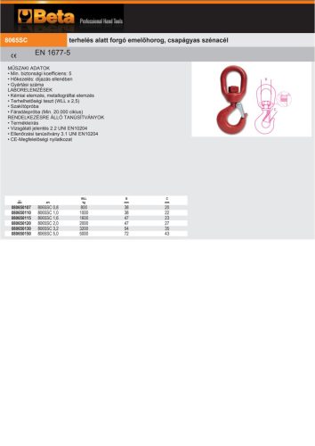 Beta 8065SC Terhelés alatt forgó emelőhorog, csapágyas szénacél 5000kg
