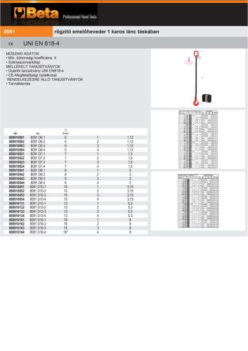 Beta 8091 Rögzítő emelőheveder 1 karos lánc táskában 6x1000mm