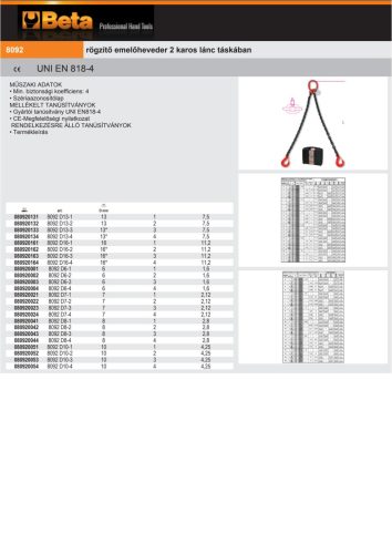 Beta 8092 Rögzítő emelőheveder 2 karos lánc táskában 6x4000mm