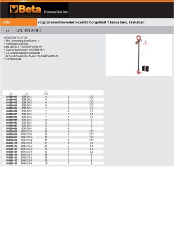 Beta 8096 Rögzítő emelőheveder közelítő horgokkal 1 karos lánc, táskában 13x1000mm