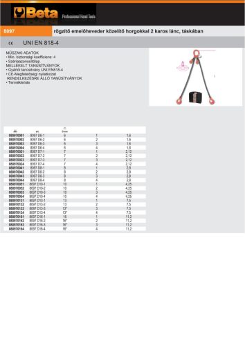 Beta 8097 Rögzítő emelőheveder közelítő horgokkal 2 karos lánc, táskában 10x1000mm