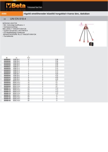 Beta 8098 Rögzítő emelőheveder közelítő horgokkal 4 karos lánc, táskában 6x1000mm
