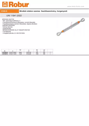 Beta 8105-K Mindkét oldalon szemes feszítőszerelvény, horganyzott M10x150mm