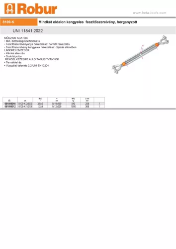 Beta 8109-K Mindkét oldalon kengyeles feszítőszerelvény, horganyzott M12x230mm
