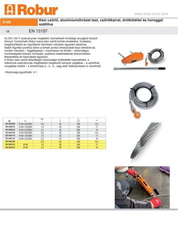 Beta 8148 Kézi csörlő, alumíniumötvözet test, csörlőkarral, drótkötéllel és horoggal szállítva 20fm 800kg