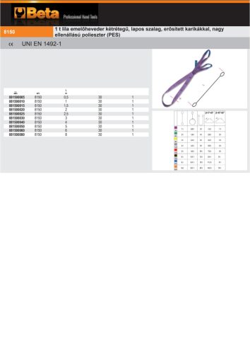 Beta 8150 1t  lila emelőheveder kétrétegű, lapos szalag, erősített karikákkal, nagy ellenállású polieszter (PES) 3500mm