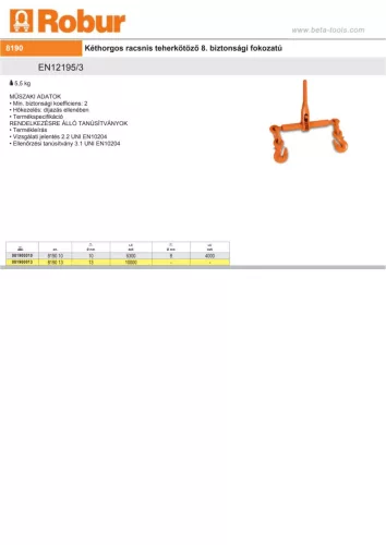 Beta 8190 10 Kéthorgos racsnis teherkötöző 8. biztonsági fokozatú 6300kg