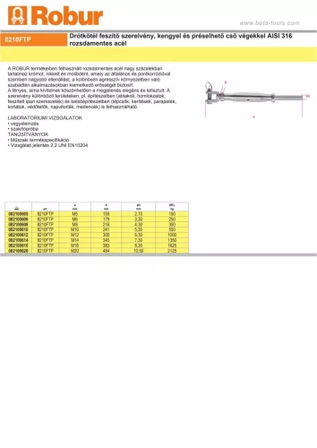 Beta 8210FTP Drótkötél feszítő szerelvény, kengyel és préselhető cső végekkel AISI 316 rozsdamentes acél M6