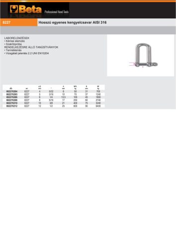 Beta 8227 Hosszú egyenes kengyelcsavar AISI 316 6mm