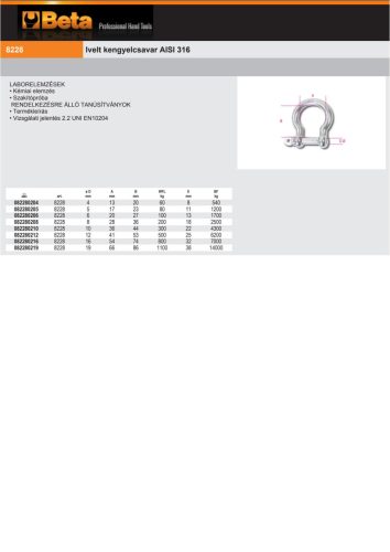 Beta 8228 Ivelt kengyelcsavar AISI 316 4mm