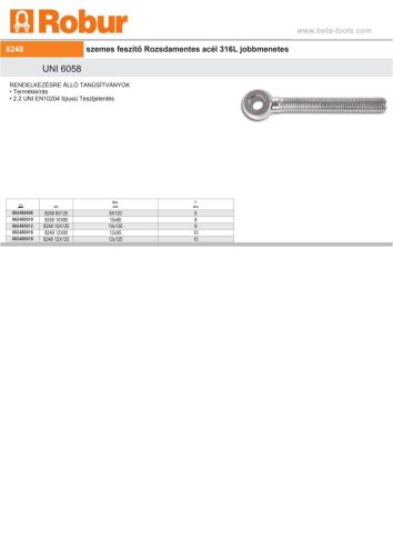 Beta 8248 Szemes feszítő Rozsdamentes acél 316L jobbmenetes 8x120mm