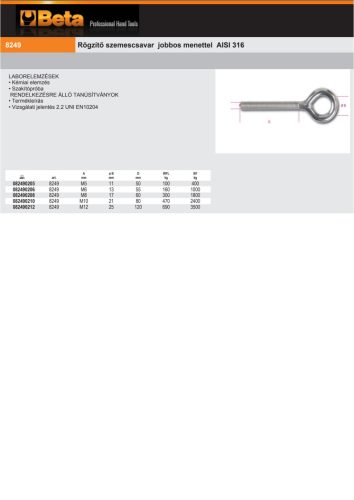 Beta 8249 Rögzítő szemescsavar jobbos menettel AISI 316 M5