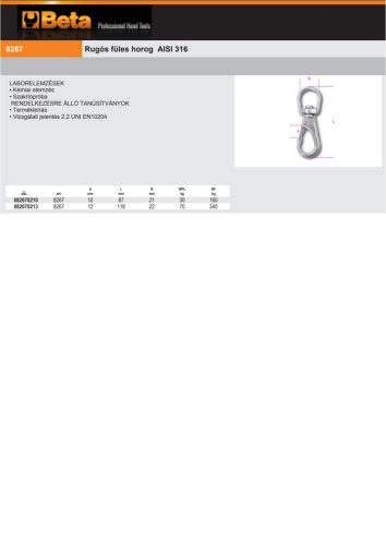 Beta 8267 Rugós füles horog AISI 316 12mm