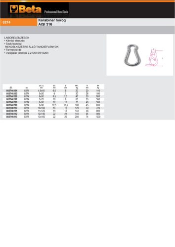 Beta 8274 Karabiner horog AISI 316 9x90mm