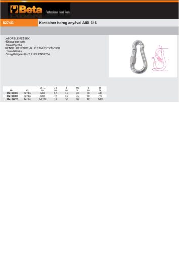 Beta 8274G Karabiner horog anyával AISI 316 8x80mm