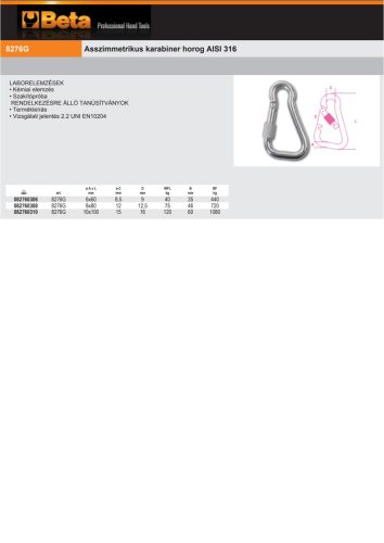 Beta 8276G Asszimmetrikus karabiner horog AISI 316 8x80mm