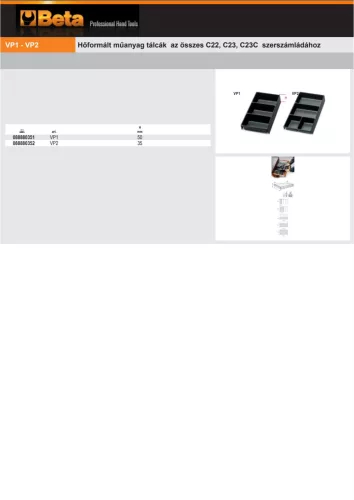 Beta VP1 - VP2 Hőformált műanyag tálcák az összes C22, C23, C23C szerszámládához ÜRES