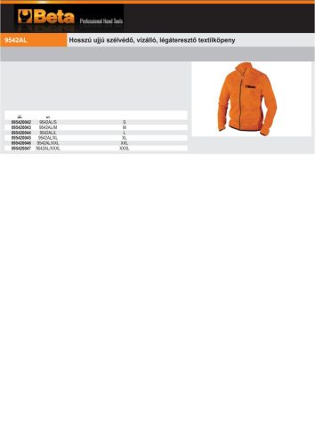 Beta 9542AL Hosszú ujjú szélvédő, vízálló, légáteresztő textilköpeny XL